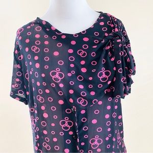 Bettie Page Retro Blouse Large Sheer BowknotTop Vintage Black Pink Circle Print